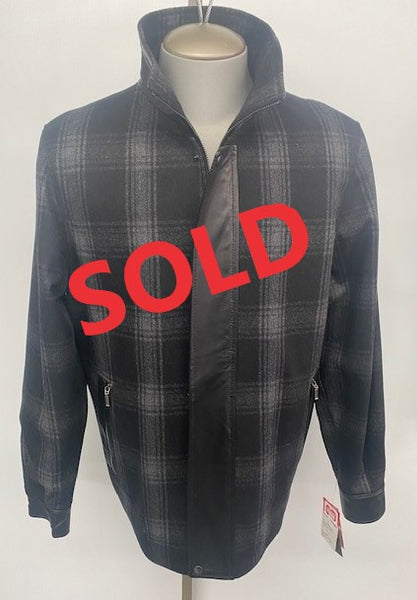 4742 Clearance - Men's Wool Jacket in Black Plaid Wool with leather trims - 1/42