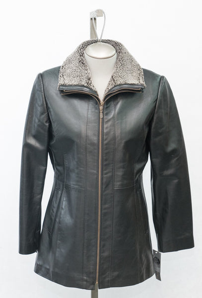 6002 Clearance - Ladies' Jacket in Black Lamb with Shearling Trim - Size 10