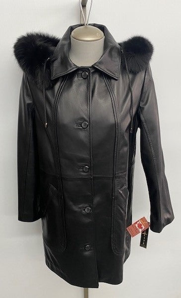 6065 Clearance -Ladies Black Lamb w/Detachable Fur Hood - Size 10