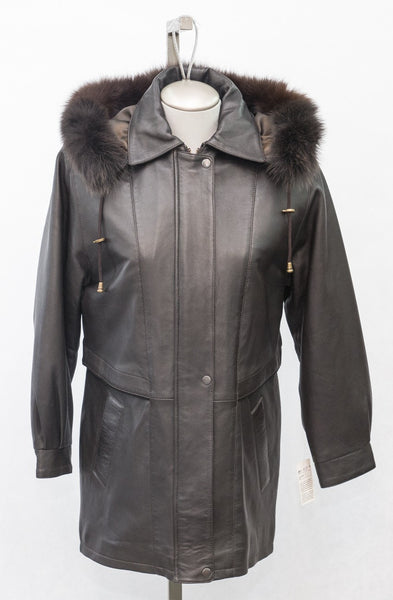 9027 Clearance - Ladies' Parka in Brown Lamb with Detachable Fox Fur Hood - Size XS