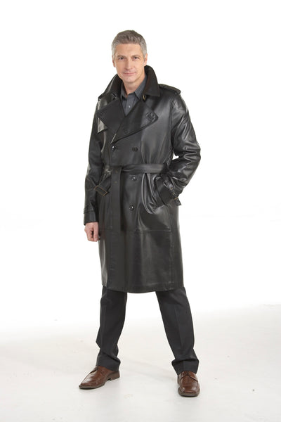 4749 Men's Double-Breasted Leather Trench Coat
