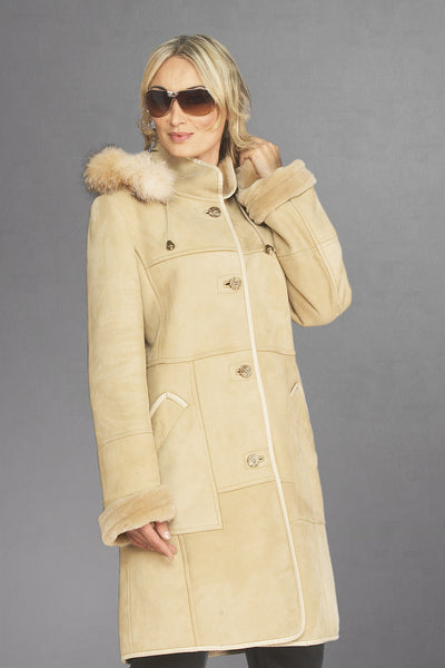 6038  Glazed Sheepskin with Detachable Fox Trimmed Hood